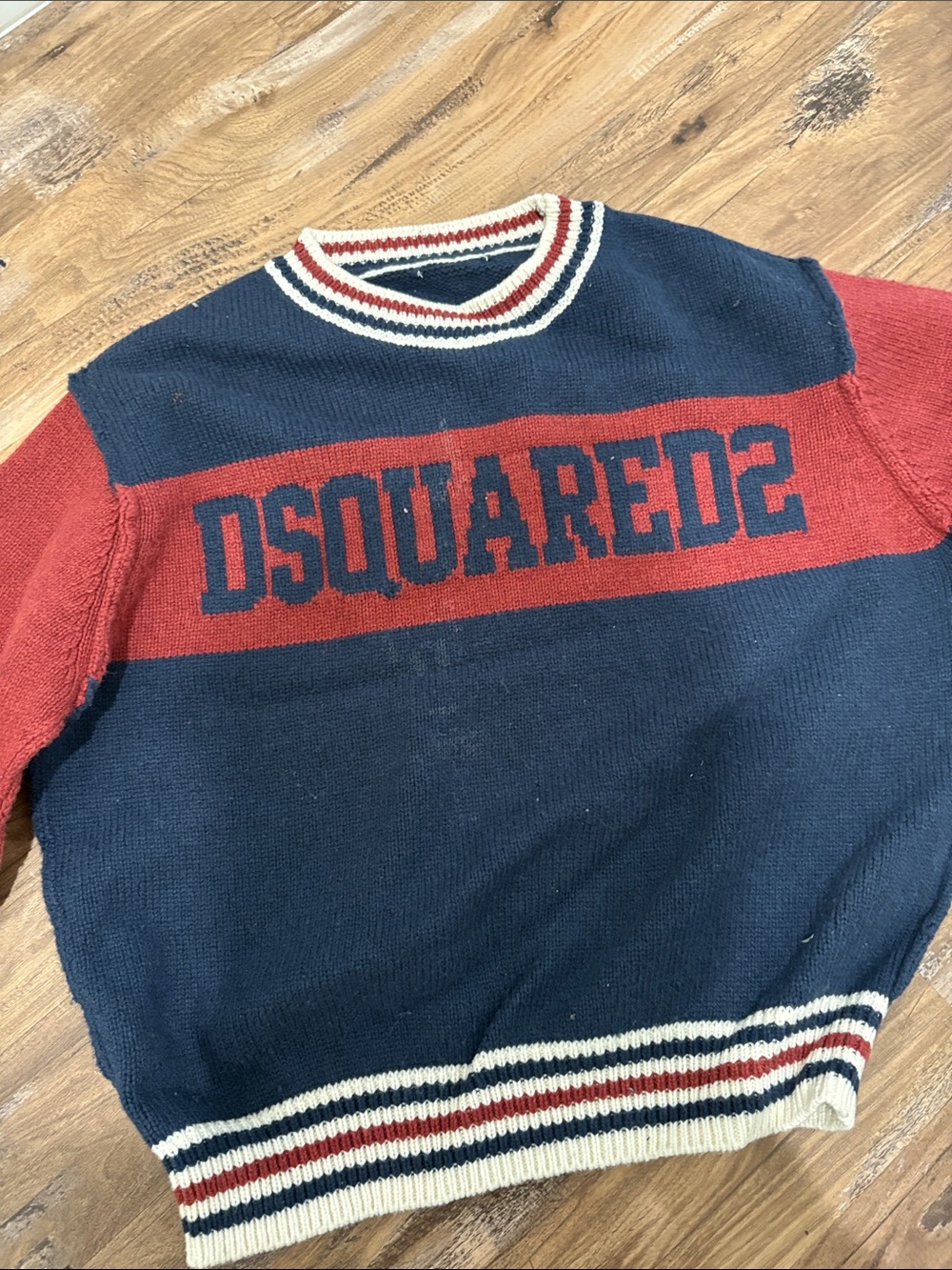 DSQUARED2 Navy, Red and White Striped Crewneck Sweater